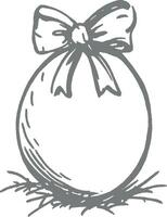 Vintage Easter egg with ribbon bow monochrome hand drawn illustration holiday festive engraving rustic artwork greeting card coloring book decorative ornate detailed vector