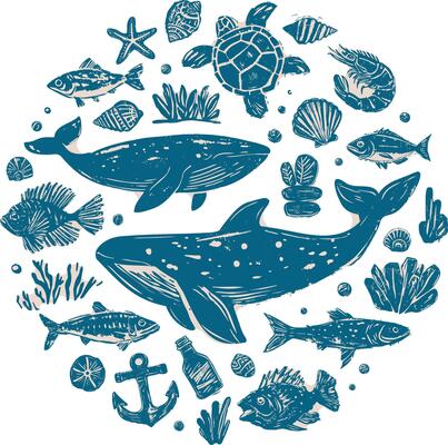 Linocut hand-drawn circular underwater scene in blue and beige ink style, featuring whales, fish, sea turtle, coral, anchor, bottle, seashells, and marine plants, isolated on transparent background