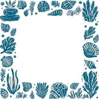Linocut hand-drawn seashell and seaweed decorative border in blue and beige ink style, featuring various shell species, coral, marine plants, with copy space for text or graphics, transparent backdrop vector