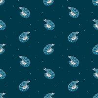 Vintage Nautilus Shrimp on Deep Blue Ocean Pattern. Hand-drawn nautilus shrimp in beige on a deep blue background with small scattered dots create a vintage-inspired oceanic and marine-themed design. vector