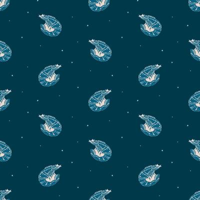 Vintage Nautilus Shrimp on Deep Blue Ocean Pattern. Hand-drawn nautilus shrimp in beige on a deep blue background with small scattered dots create a vintage-inspired oceanic and marine-themed design.
