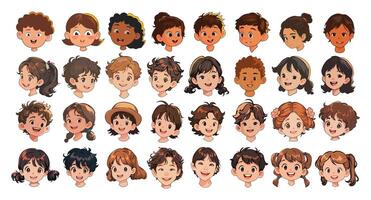 Collection of diverse and happy children's faces, the concept of diversity in harmony, illustration isolated on a white background. vector