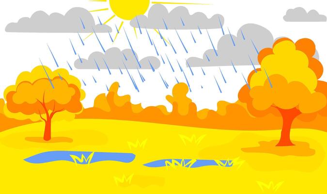 Colorful illustration depicts a bright sunny day with rain falling over a lively landscape. Yellow trees and a small pond reflect the sunny weather amidst the rain