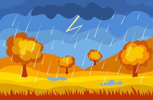 A colorful autumn landscape features stylized trees with orange leaves, rain falling from a dark cloud, and lightning striking across a blue sky. Puddles form on the ground as nature comes alive vector