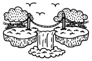 floating islands with waterfall and suspension bridge vector