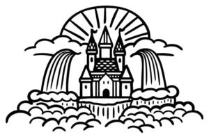 fantasy castle in the clouds with waterfalls and sun rays magical dreamscape, enchanting fairytale realm vector
