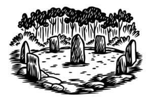 Circular stonehenge illustration ancient monoliths surrounded by forest in monochrome vector