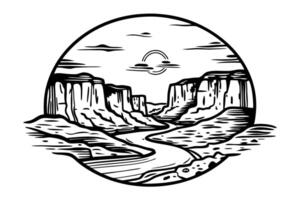 Scenic canyon illustration with river and cliffs in monochrome circular design vector
