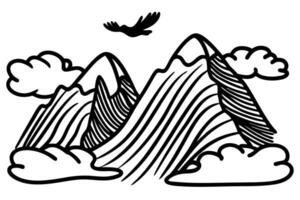 Stylized mountain landscape with soaring bird, clouds and contrasting lines vector