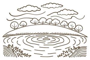 Scenic landscape illustration showing serene lake and hills with trees, clouds, nature vector