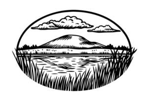 scenic mountain and lake illustration with reeds and clouds in a tranquil nature setting vector
