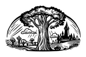 Majestic tree with castle silhouette, enchanting landscape with nature and architecture fusion vector