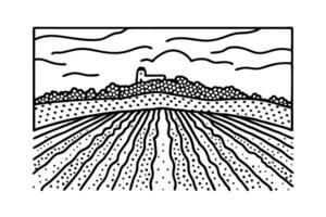 abstract landscape illustration with distant building and patterned fields under cloudy sky vector
