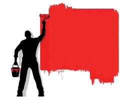 man paints roller wall in red color template for text vector