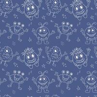 Seamless pattern with doodle monsters on a blue background. Cute aliens drawn by hand. Perfect for kids textile, wrapping paper. vector