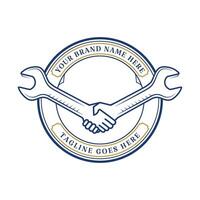 Vintage Retro Hand Wrench Spanner Handshake Badge Emblem for Auto Garage Custom Workshop Icon Illustration Design vector