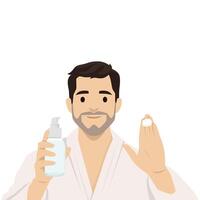 Man in a bathrobe holds a bottle and a dollop of cream, ready for his skincare routine. vector