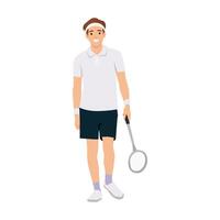 Young squash player stands confidently with his racket, dressed in athletic gear. vector