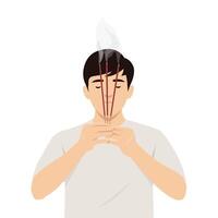 Man holds burning incense sticks with closed eyes, immersed in a quiet and respectful act of prayer. vector