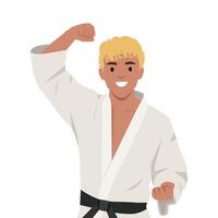 Triumphant Karate Champion. Man in a karate uniform celebrates with a smile and a strong pose. vector