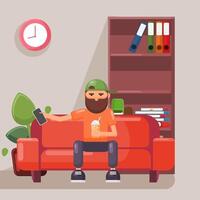 Man with his smartphone sit in soft sofa, bookcase and clock in wall vector