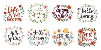 Spring quote set with floral wreaths and hand-drawn lettering. Colorful flower frames and typography phrases like Hello Spring and Let it bloom. Perfect for greeting cards, prints, and decor. vector
