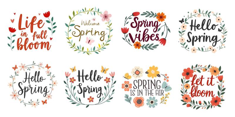 Spring quote set with floral wreaths and hand-drawn lettering. Colorful flower frames and typography phrases like Hello Spring and Let it bloom. Perfect for greeting cards, prints, and decor.