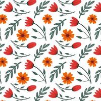 Seamless floral pattern with red and orange hand drawn flowers and green leaves on white background. Perfect for spring designs, fabric, wrapping paper, and digital projects. vector