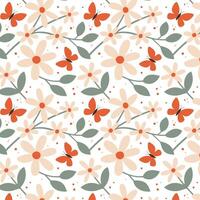 Seamless floral pattern with hand drawn flowers, green leaves and butterflies on white background. Perfect for spring designs, fabric, wrapping paper, and digital projects. vector
