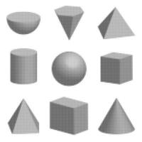 Halftone collection of geometric shapes, including cubes, spheres, and pyramids on white background vector