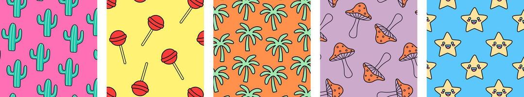 Set of colorful illustrations featuring playful patterns with cacti, lollipops, palm trees, mushrooms, and smiling stars in vibrant color backgrounds, ideal for designs. vector