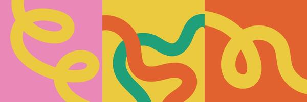 Abstract playful minimalistic background with wavy line. Banner with organic curvy curly stripe shape in retro flat style. Wave line art vector