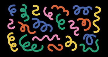 Set of curvy wavy line in flat naive style. Playful scribble squiggle. Curve Ribbons shapes vector