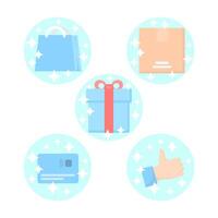 Set of shopping icons with sparkles on a white background. Blue and red. Flat design illustration. graphics vector