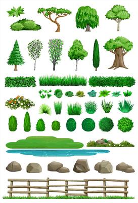 Set of trees bushes and stones