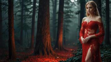 girl in a red dress in the middle of a mystical forest photo