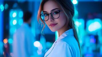female scientist in white coat and glasses in laboratory with group of specialists in background photo