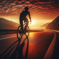 silhouette of cyclist on asphalt road walking through landscape at sunset photo