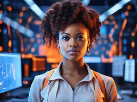 africano americano mujer eso especialista con futurista holográfico datos en el antecedentes foto
