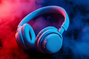 white wireless headphones, dark background with red light fog photo