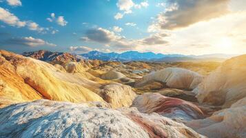 Majestic beautiful sandstone formations with colored soil layers photo
