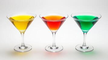 multicolored fruit cocktails in glasses on white background photo