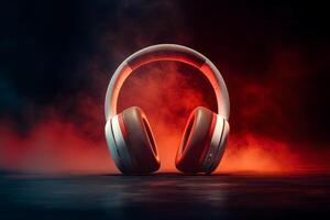 stylish white wireless headphones on a dark background with red light fog photo