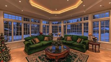 A cozy living room with green couches and a colorful Christmas tree photo