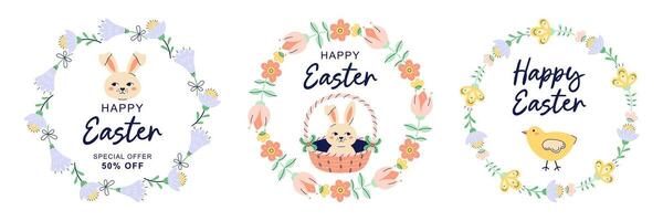 Happy Easter collection of 3 Round banners with hare, chicken and flower frame. Design with text for discount. Happy Easter hand drawn card. Flat illustration with partial outline. illustration. vector