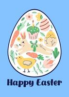 Happy Easter Egg Shape Pattern With Bunny, chicken And Flowers. Design with text on blue background. Greeting hand drawn card. Flat illustration with partial outline. illustration. vector