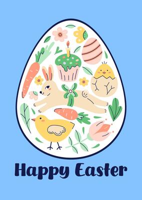 Happy Easter Egg Shape Pattern With Bunny, chicken And Flowers. Design with text on blue background. Greeting hand drawn card. Flat illustration with partial outline. illustration.