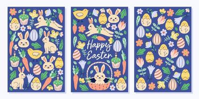 Happy Easter 3 vertical posters collection with bunny and different elements. Greeting hand drawn card on dark background. Flat illustration with partial outline. Isolated illustration. vector