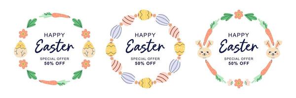 Happy Easter collection of 3 Round frames with chicken, hares and eggs. Design with text for discount. Happy Easter hand drawn card. Flat illustration with partial outline. illustration. vector