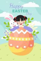 cartoon illustration of three easter cards in a trendy flat style with spring flowers, eggs, and rabbit. Bright color palette vector